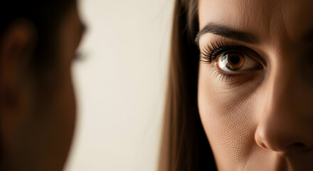Intense Gaze Into Mirror Revealing Inner Thoughts And Beauty Portrait
