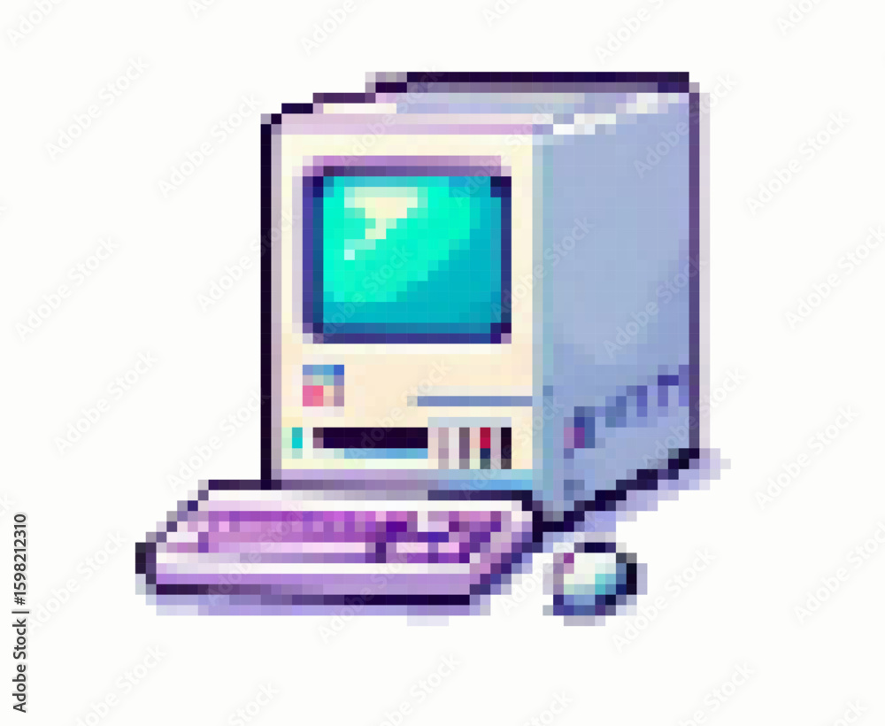 Fototapete pixel art vector illustration of a retro computer. the style is nostalgic and 8-bit, using pastel co