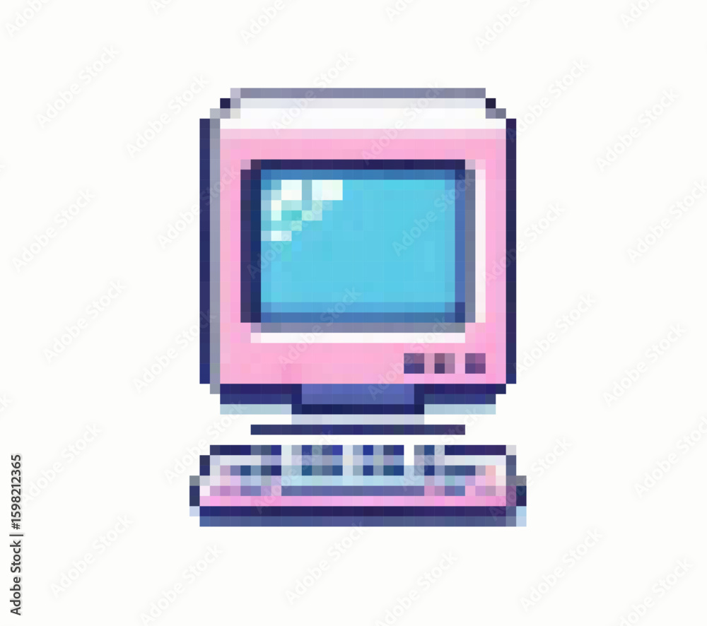 Fototapete pixel art vector illustration of a retro desktop computer in pastel pink and blue tones. the 8-bit s