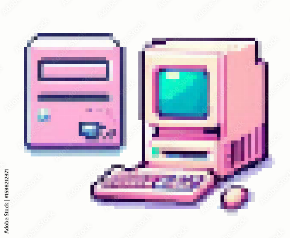 Fototapete Pixel art vector illustration of a retro desktop computer in pastel pink and blue tones. The 8-bit style uses geometric square shapes and bold outlines, evoking a vintage technology nostalgic theme.