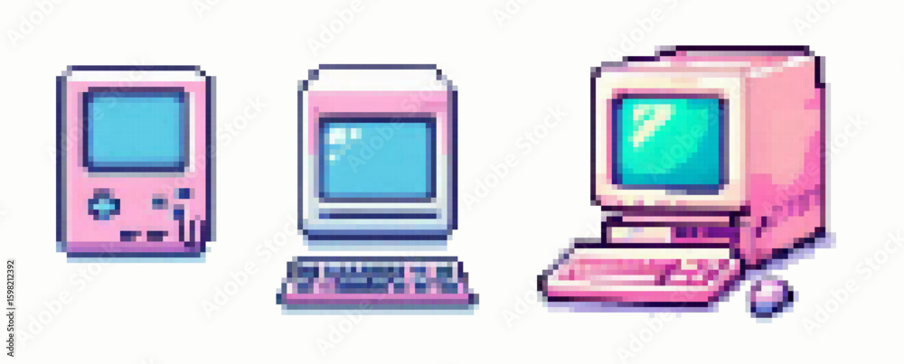 Fototapete pixel art vector illustration of a retro desktop computer in pastel pink and blue tones. the 8-bit s