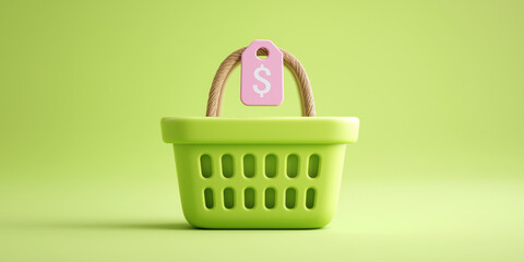 Shopping basket with price tag and dollar symbol on green background