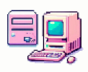 Pixel art vector illustration of a retro desktop computer in pastel pink and blue tones. The 8-bit style uses geometric square shapes and bold outlines, evoking a vintage technology nostalgic theme.