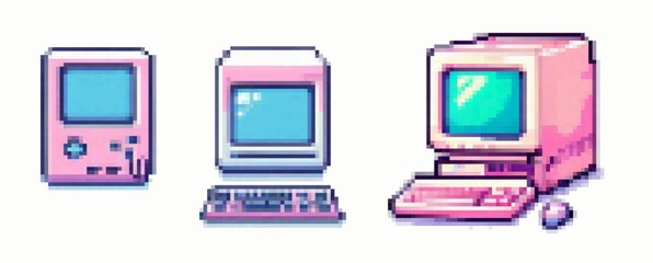 Pixel art vector illustration of a retro desktop computer in pastel pink and blue tones. The 8-bit style uses geometric square shapes and bold outlines, evoking a vintage technology nostalgic theme.