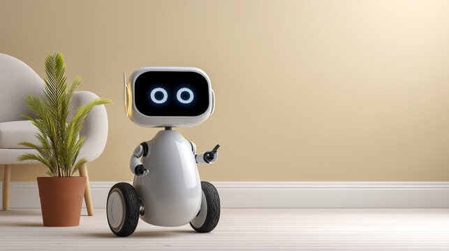 Robot helper stands on wheels with friendly expression while gesturing in stylish contemporary room. Soft beige color palette enhances cozy atmosphere