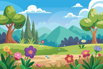 Naklejka premium Vibrant spring meadow with rolling hills and blooming flowers