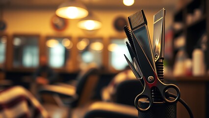 Barber shop scene highlighting hairstyling tools in warm ambient light.