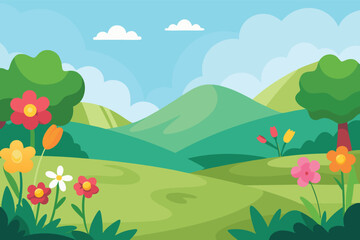 Fototapeta premium Vibrant spring meadow landscape with rolling hills and flowers