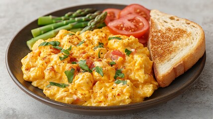 Scrambled eggs with toast and asparagus.