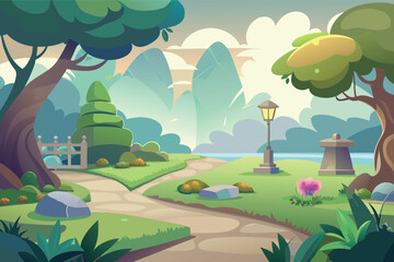 Naklejka premium Enchanting park landscape with winding paths and lush trees