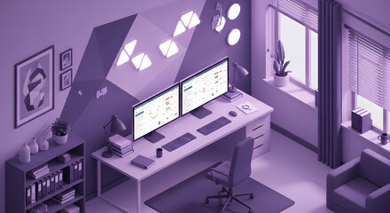 Isometric Workplace Illustration Featuring Dual Monitors And Artistic Interior Design