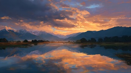 Obraz premium Mountains in the background, reflection in the water, sunset colors