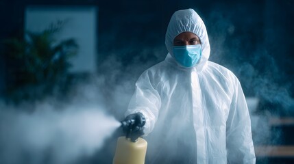 Worker spraying sanitizing mist in an office for disinfection