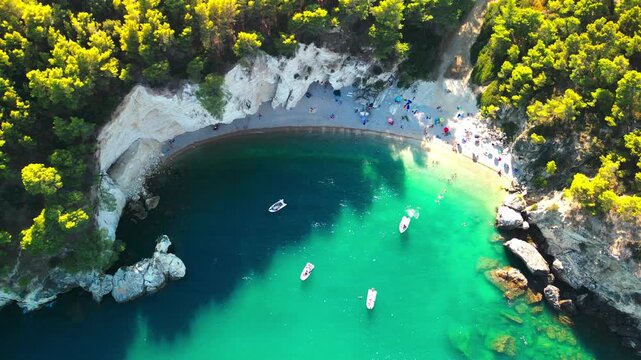 Aerial view of the beautiful and peaceful Portogreco Beach on the Gargano coastline, Puglia, Italy.