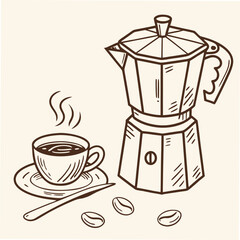 Coffee cup with coffee beans and coffee grinder isolated on white background vector illustration.