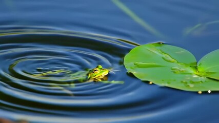 Green frog on rippled water with lily pad - Powered by Adobe