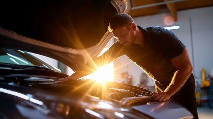 Man examines engine in garage with lifted hood, warm sunlight streaming in creating a vibrant atmosphere. Concept of automotive repair, mechanical expertise, customer service