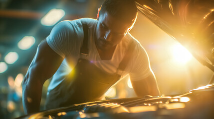 Mechanic examines car engine with intense focus inside auto repair shop. Bright lighting enhances atmosphere, emphasizing craftsmanship and attention to detail
