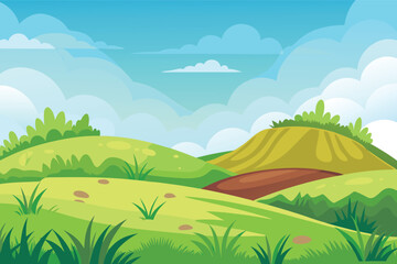 Fototapeta premium Vibrant cartoon landscape with rolling hills and sky