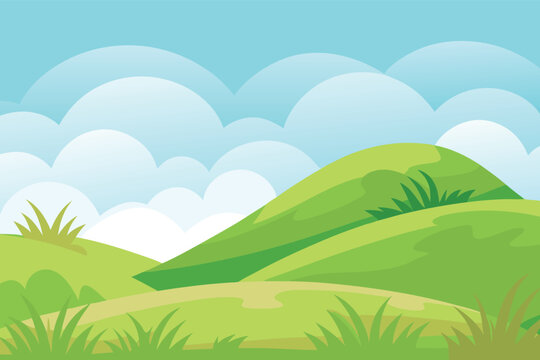 Vibrant rolling hills landscape with stylized clouds