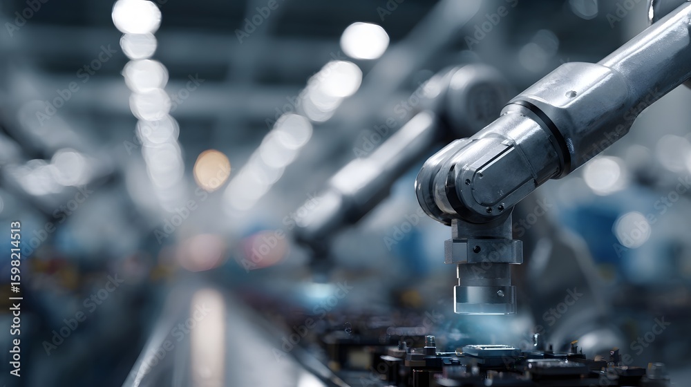 Poster industrial robots assembling advanced electronics in a high tech factory setting