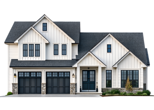 Large, modern, two-story suburban house with a transparent background, showcasing contemporary residential architecture and design