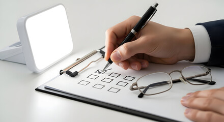 Man Fills Out A Checklist On A Clipboard With A Pen On Office Workplace