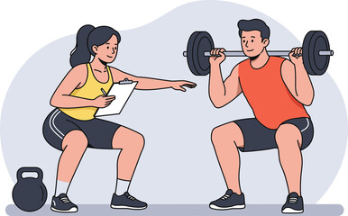 A female personal trainer guides a male client through a barbell squat exercise in a gym or fitness center.