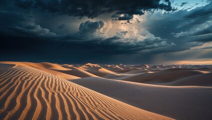 Naklejka premium Golden sand dunes under dramatic storm clouds with textured ridges and beams of light