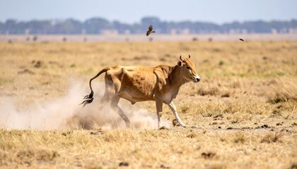 Fototapeta premium A light brown bovine animal runs across a dry grassy plain kicking up dust a small bird flies overhead in the clear sky a distant horizon visible