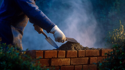 Worker carefully lays bricks with trowels while smoke rises in the background. Dimly lit construction site creates an atmospheric setting. Concept of construction, masonry, craftsmanship