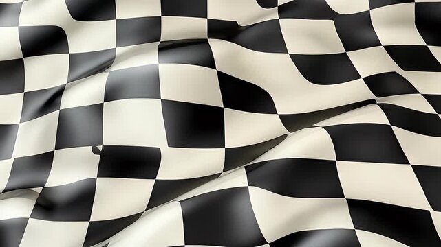Waving black and white checkered flag with flowing fabric texture and light reflections
