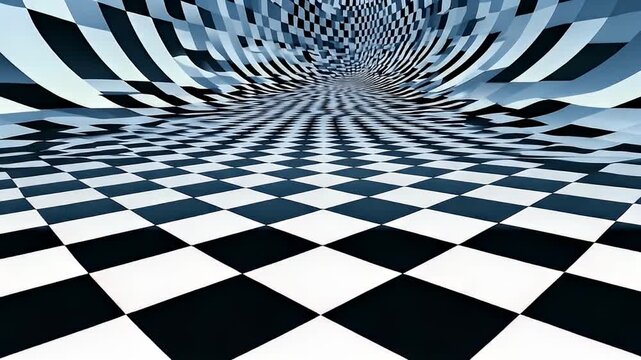 Optical illusion of warped checkered pattern, black and white squares form a strange, distorted perspective
