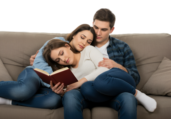 Photo of Couple on Couch: Woman Napping Reading Book