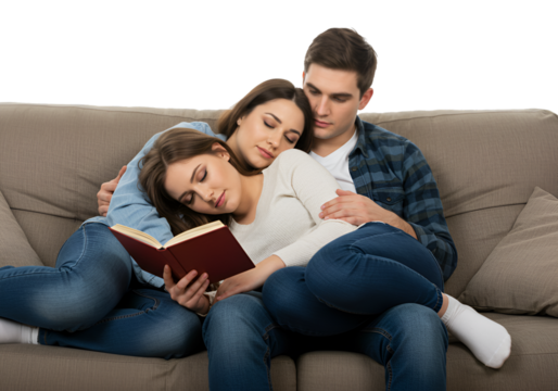 Photo of Couple on Couch: Woman Napping Reading Book