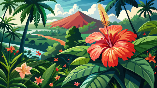 Very beautiful 
A panoramic view capturing the beauty of Puerto Rican hibiscus, amapola (Thespesia grandiflora), in full bloom amidst the tropical rainforest of El Yunque National Forest, Puerto Rico