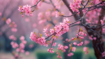 Pink cherry blossom branches in bloom during springtime.