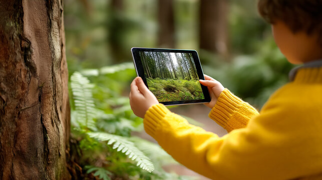 Child holding tablet displaying forest view while standing beside a tree in vibrant green surroundings. Clear connection between technology and nature