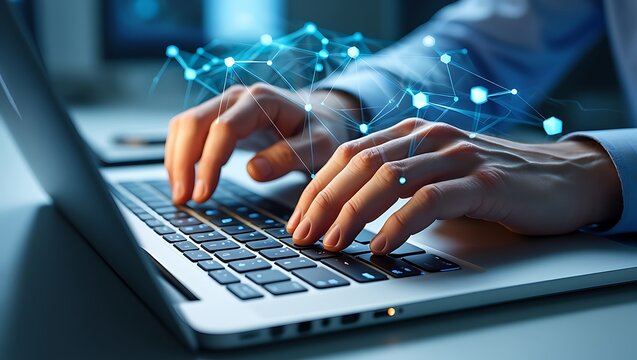 Hands typing on laptop keyboard representing modern technology and data connectivity for business and development projects