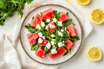 Healthy watermelon and feta salad with arugula and lemon slices, perfect for a light summer meal.