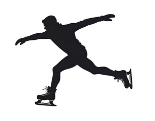 Silhouette of a male figure ice skating dynamic pose winter sport athletic movement black and white isolated on white background elegant graceful speed action competition