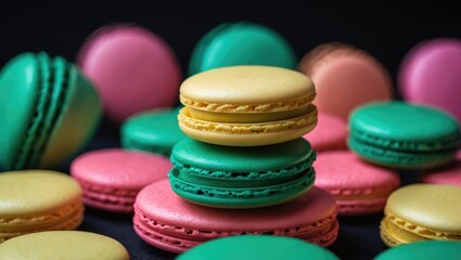 Colorful macarons arranged in a pattern with a stack of yellow, blue, and pink macarons in the center.