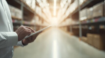 Businessman Analyzing Inventory in Warehouse Environment
