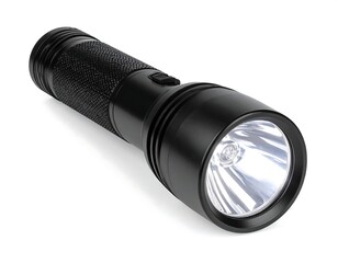 Highintensity portable illumination device black anodized aluminum body textured grip powerful LED light source reflector switch cylindrical design isolated on white background