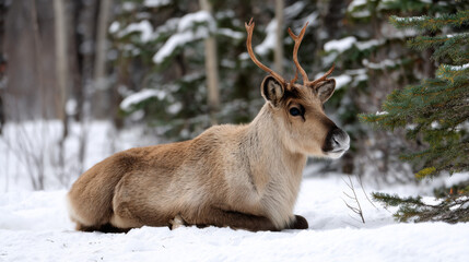Naklejka premium Three-quarter view of a reindeer resting in a snowy clearing surrounded by pine trees