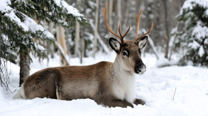 Naklejka premium Three-quarter view of a reindeer resting in a snowy clearing surrounded by pine trees