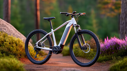 Electric mountain bike displayed on winding trail through lush forest with blooming flowers. Serene atmosphere under tall trees