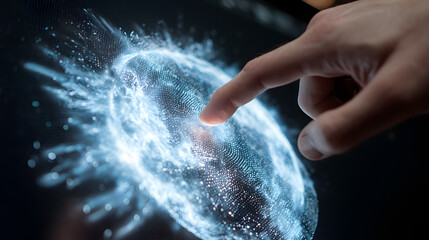 Fototapeta premium A hand presses a button on a touchscreen, which looks like a globe against a black background.