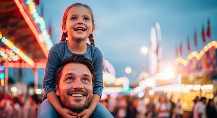 Happy father with his daughter enjoying time at a colorful fair. Represents fun family events, summer festivals, and entertainment. Can be used for advertising.