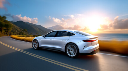 Electric car cruises down winding coastal road with sunset illuminating ocean waves. Beautiful landscape features rolling mountains and golden sky